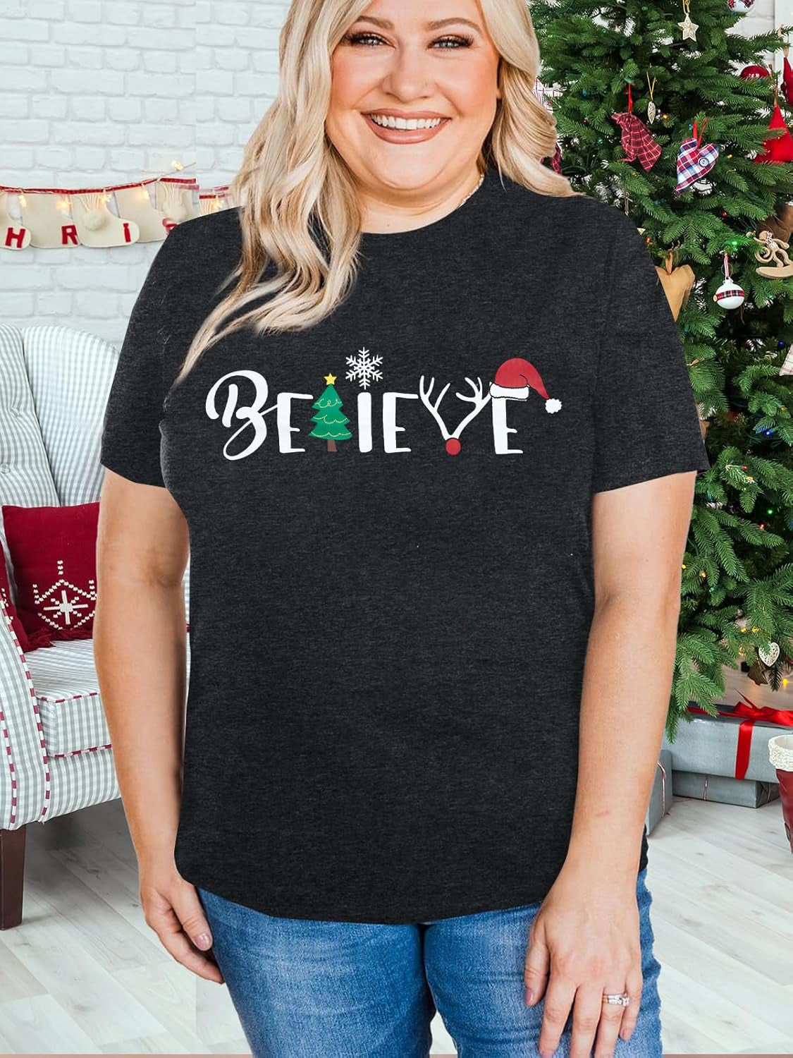 Christmas Shirt for Women Believe Letter Print T Shirts Asual Retro Holiday Short Sleeve Pullover Tops Xmas Gift