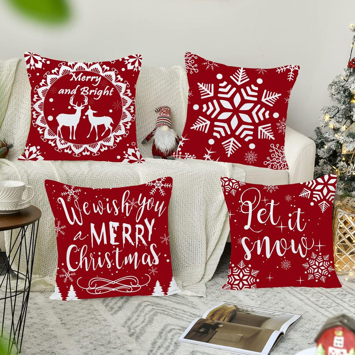 Merry Christmas Decorative Pillows Covers 22X22 Set of 4 for Christmas Decorations Red Christmas Tree Snowflake Winter Holiday Throw Pillow Cases Xmas Farmhouse Decor for Couch Sofa