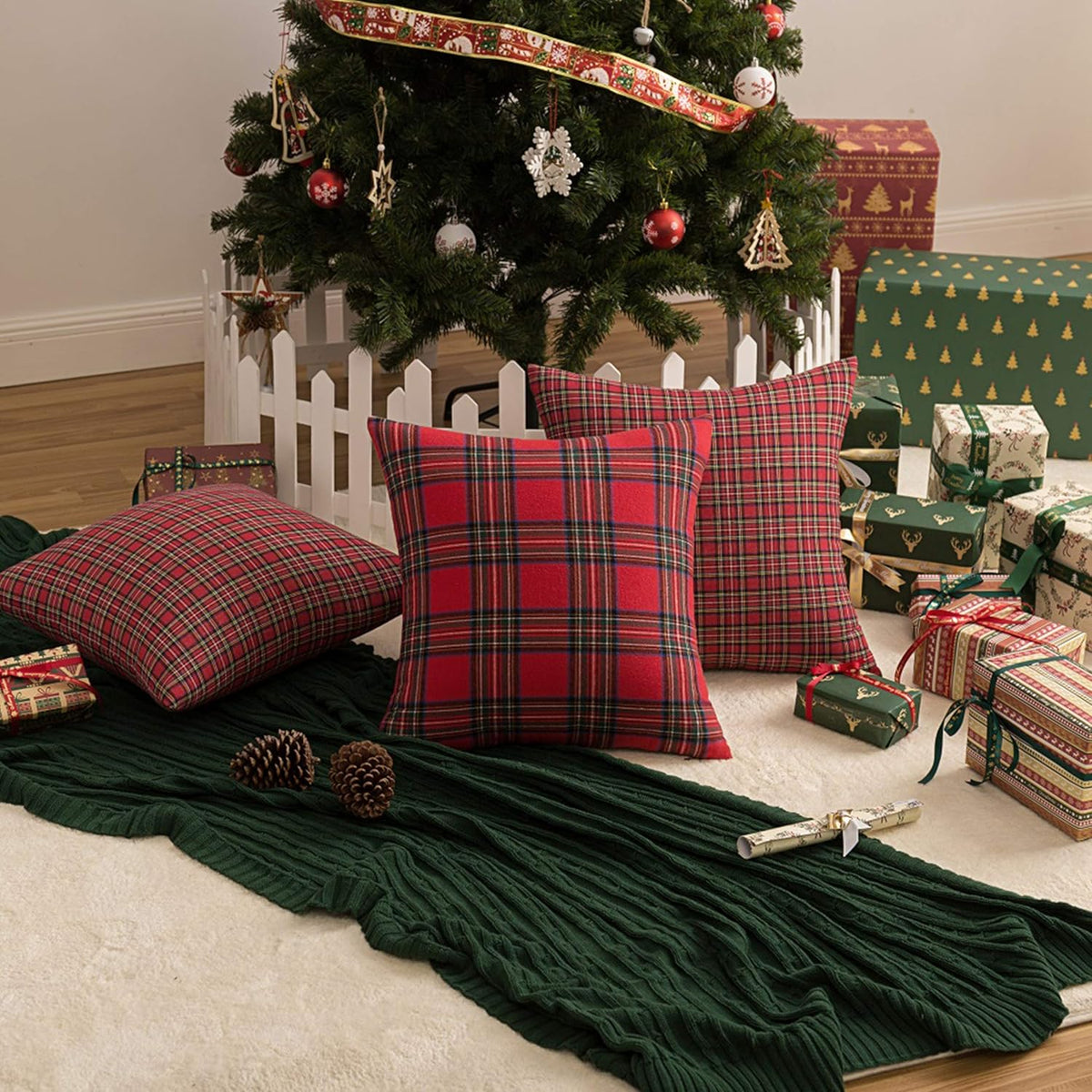 Pack of 2 Christmas Plaid Decorative Throw Pillow Covers Scottish Tartan Cushion Case for Farmhouse Home Holiday Decor Red and Green, 20 X 20 Inches