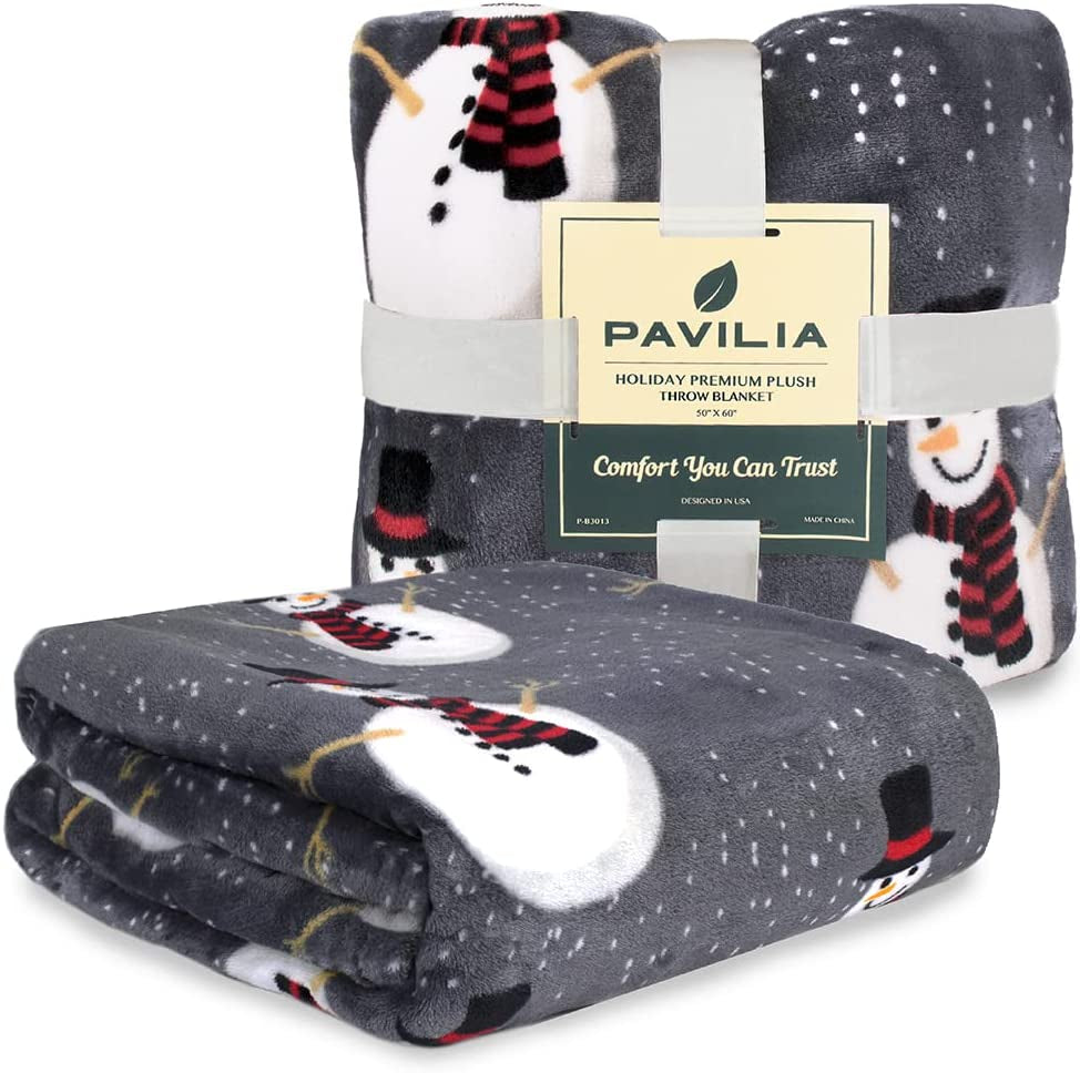 Christmas Snowman Throw Blanket | Grey Christmas Fleece Blanket | Soft, Plush, Warm Winter Cabin Throw, 50X60 (Grey Snowman)