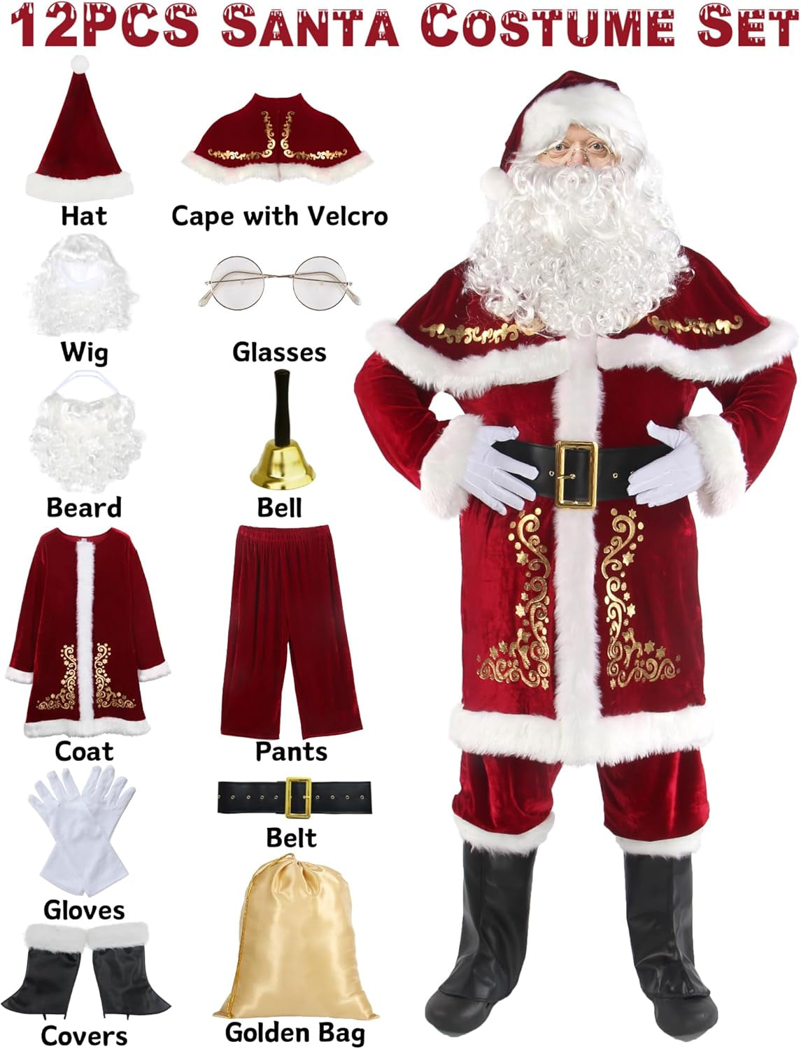 Men’S Santa Costume Set Christmas 12Pcs Deluxe Velvet Adult Santa Claus Suit