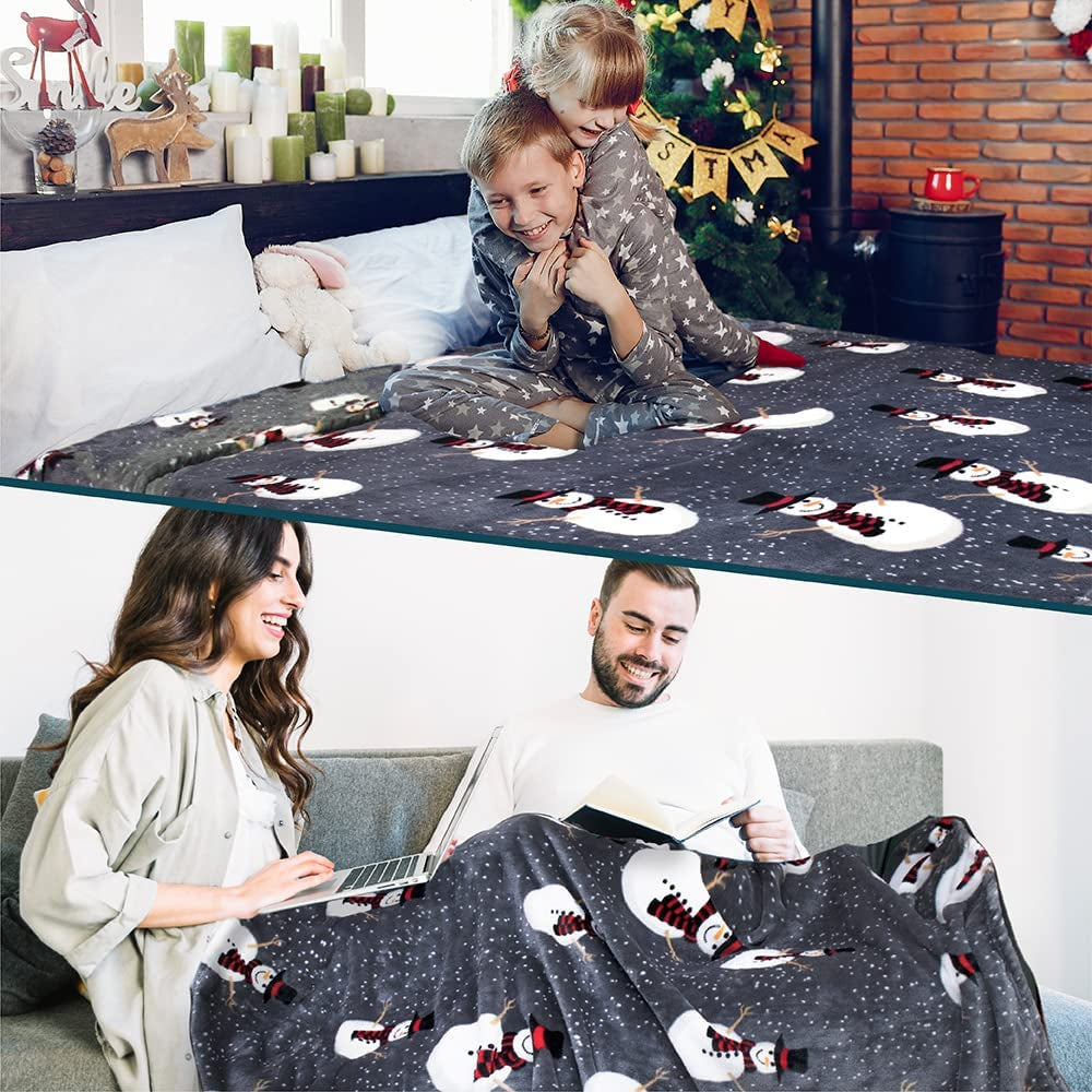 Christmas Snowman Throw Blanket | Grey Christmas Fleece Blanket | Soft, Plush, Warm Winter Cabin Throw, 50X60 (Grey Snowman)