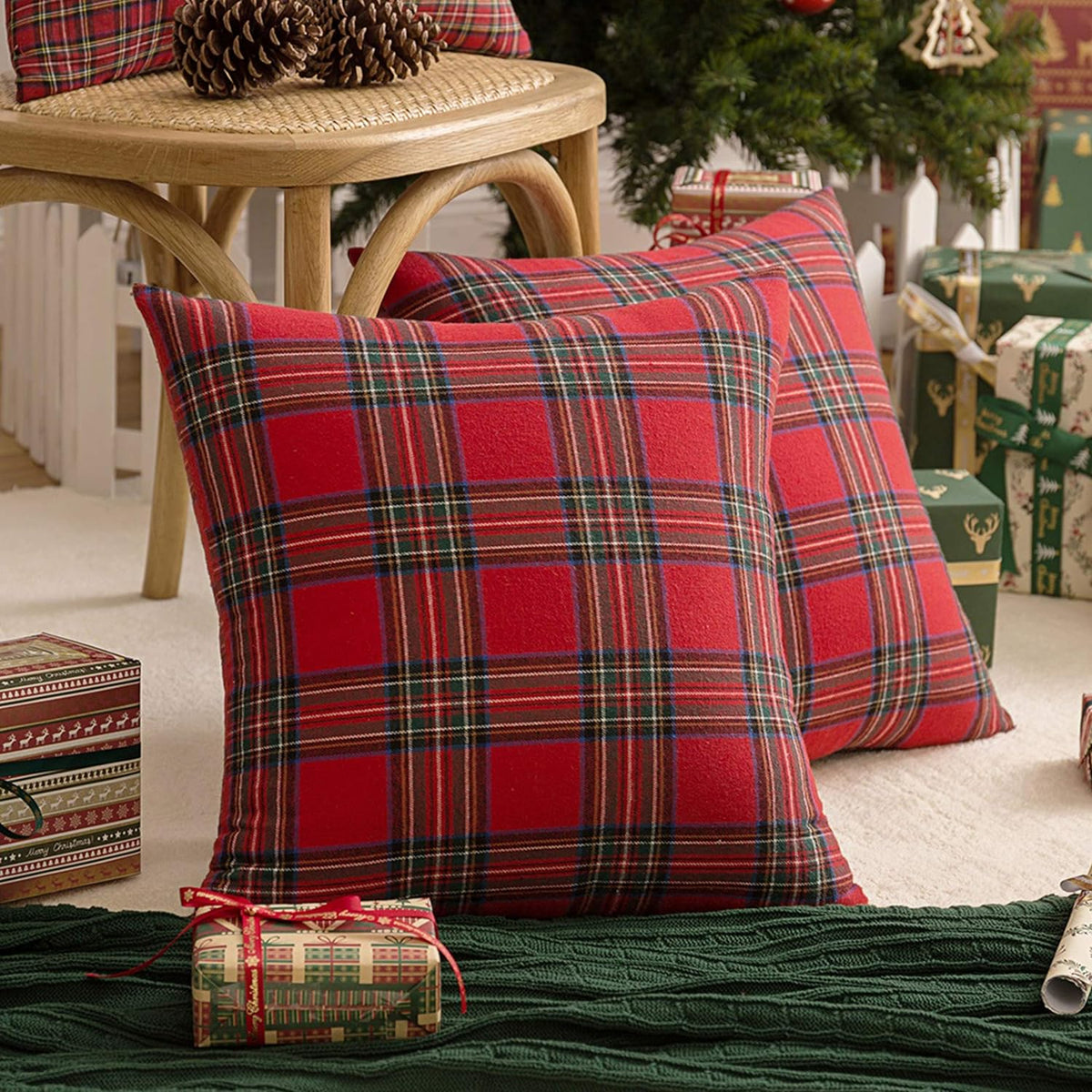 Pack of 2 Christmas Plaid Decorative Throw Pillow Covers Scottish Tartan Cushion Case for Farmhouse Home Holiday Decor Red and Green, 20 X 20 Inches