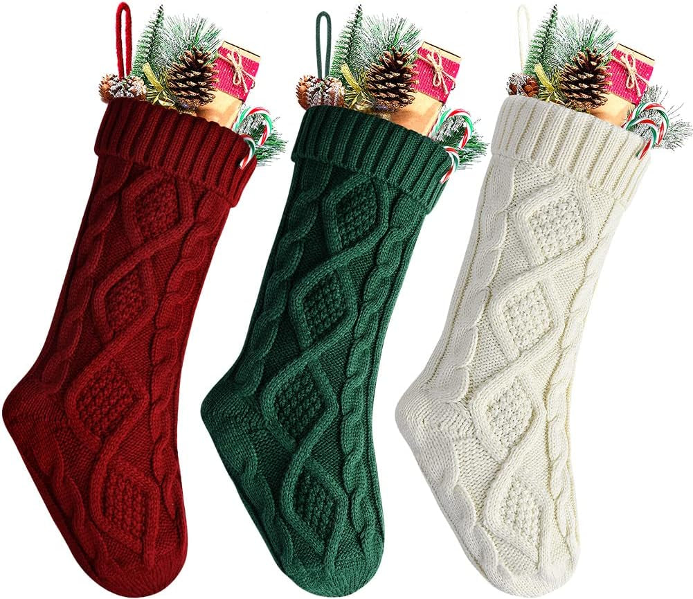 Christmas Stockings 20 Inch Burgundy, Ivory, Green Cable Knit Xmas Stockings for Family Christmas Decoration, 6 Pack