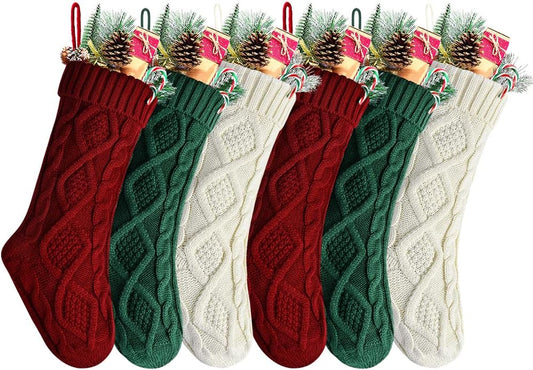 Christmas Stockings 20 Inch Burgundy, Ivory, Green Cable Knit Xmas Stockings for Family Christmas Decoration, 6 Pack