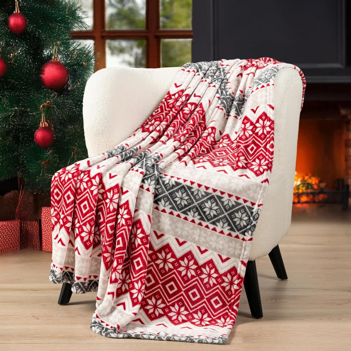Christmas Throw Blanket | Holiday Christmas Red Fleece Blanket | Soft, Plush, Warm Winter Cabin Throw, 50X60 (Red Snowflakes)