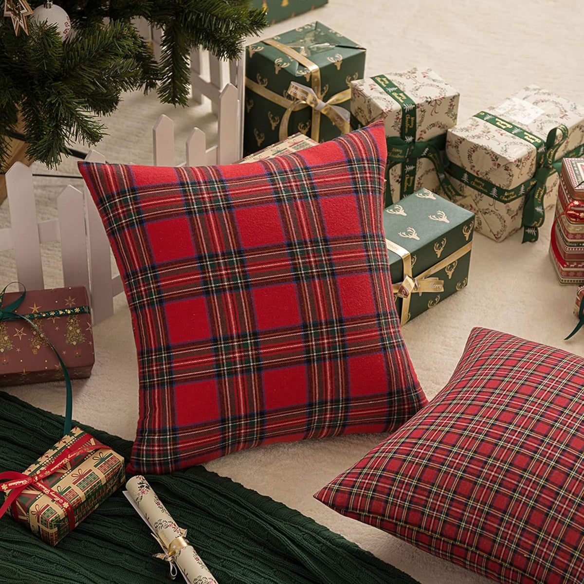 Pack of 2 Christmas Plaid Decorative Throw Pillow Covers Scottish Tartan Cushion Case for Farmhouse Home Holiday Decor Red and Green, 20 X 20 Inches